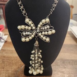 Chico's Pearl and Silver Bow Necklace